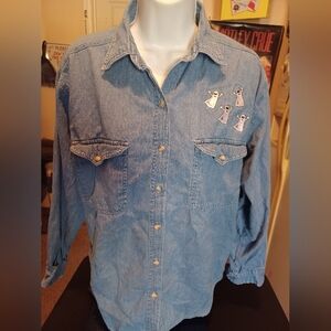 Vintage Denim Halloween Ghosts Button Down